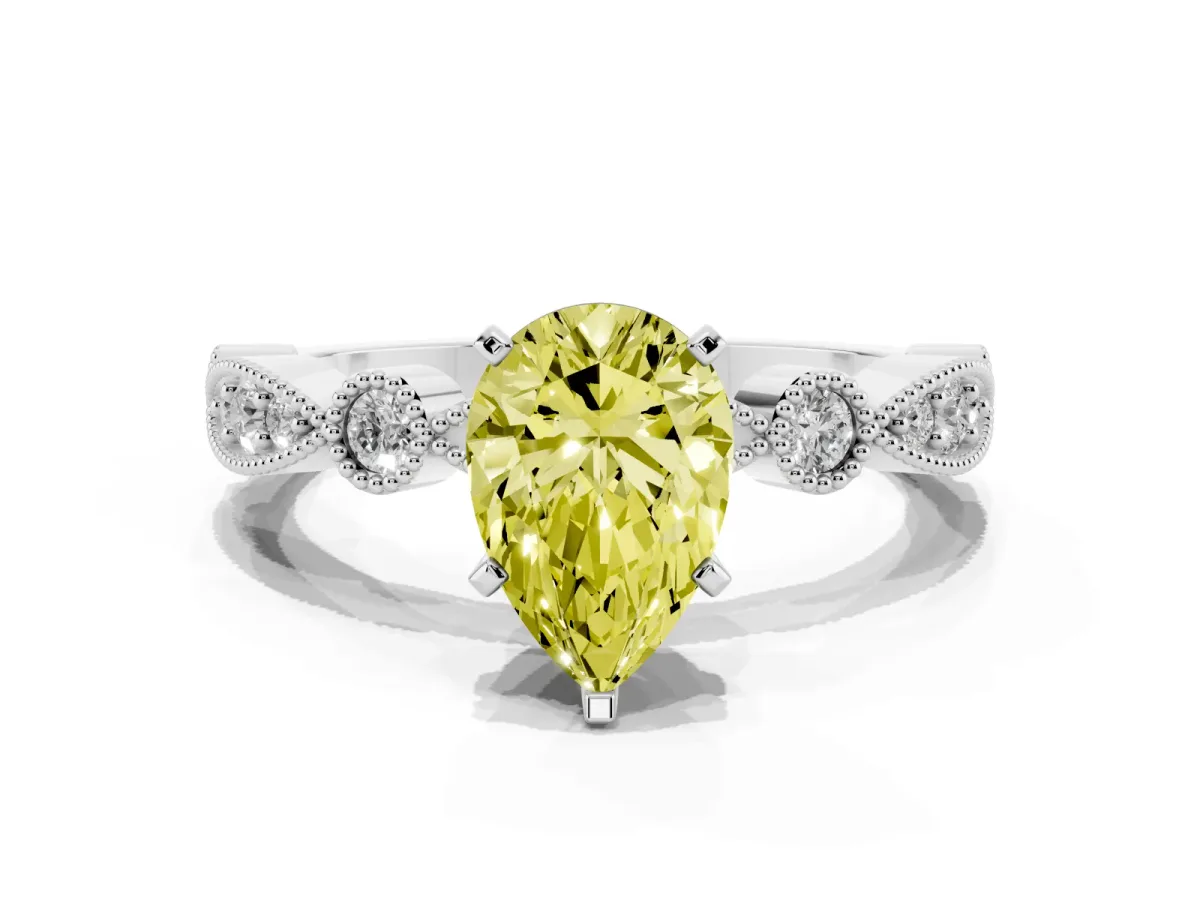 Fancy Yellow Pear Cut Milgrain Bezel Diamond Engagement Ring with Solitaire Prong Setting Platinum