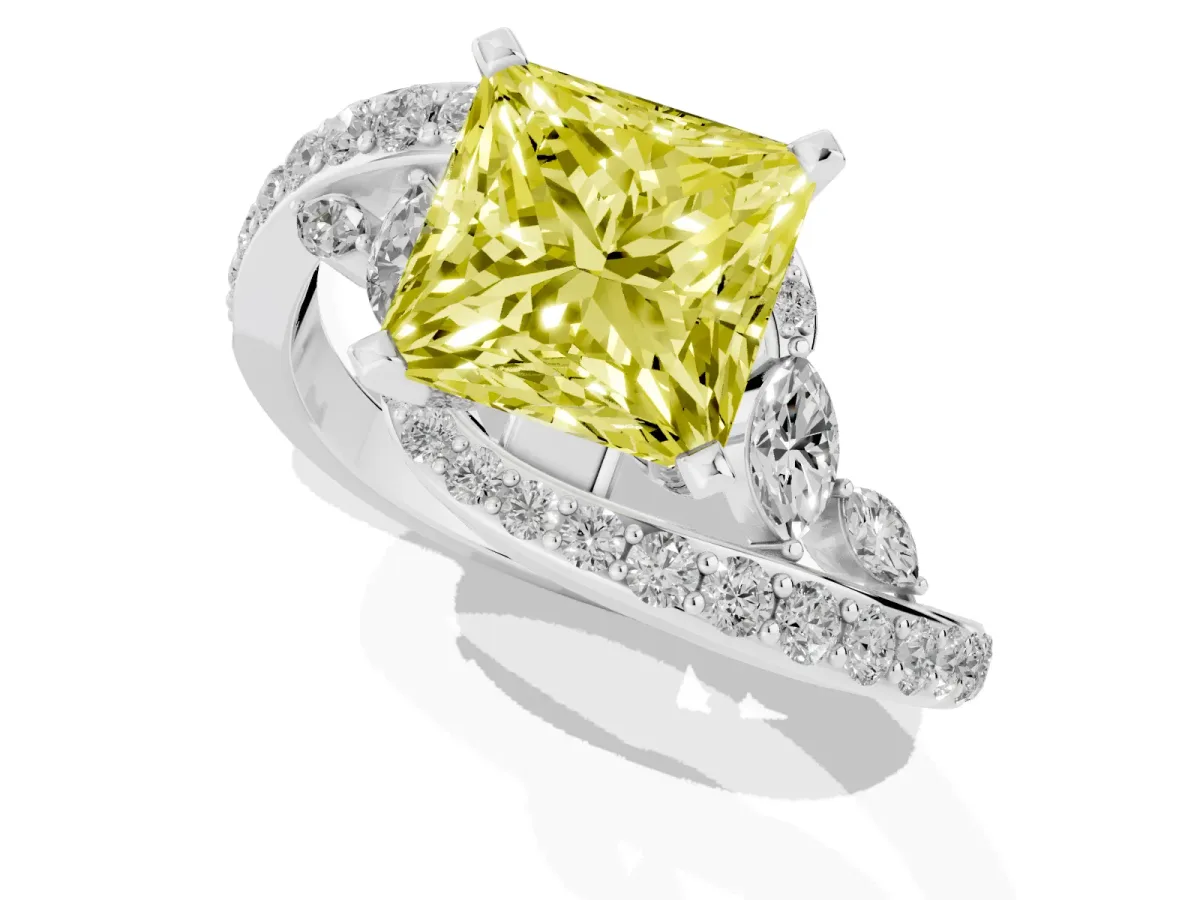 Fancy Yellow Princess Cut Solitaire with Pavé Twist Band and Four-Prong Setting Silver