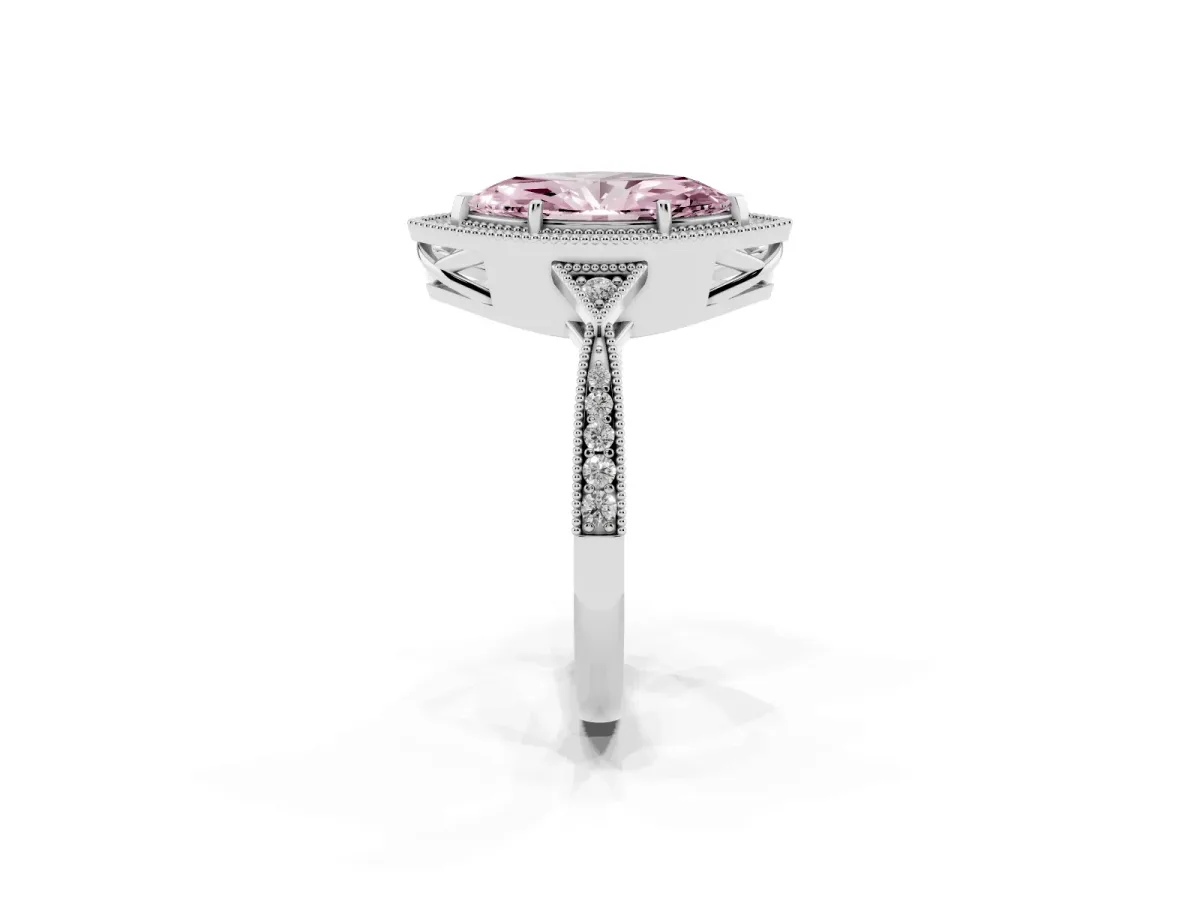 Fancy Pink Marquise Cut Halo Round Diamond Milgrain Pave Engagement Ring White gold