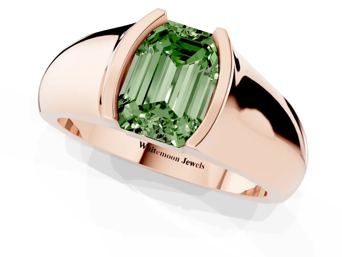 Fancy Green Emerald Cut Solitaire Bezel Set Diamond Ring with Wide Band Rose gold