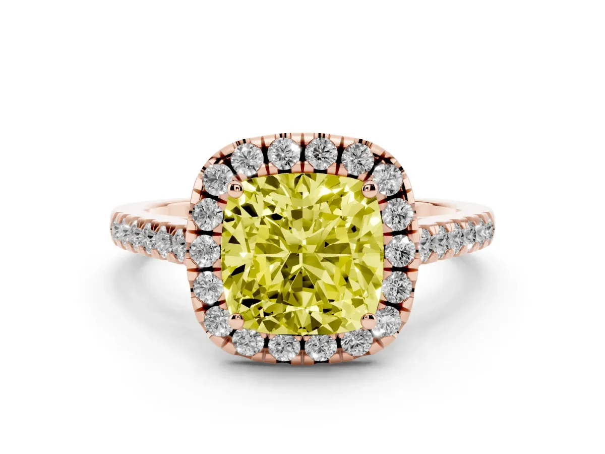 Fancy Yellow Cushion Cut Halo Pavé Diamond Engagement Ring with Four-Prong Setting Rose gold