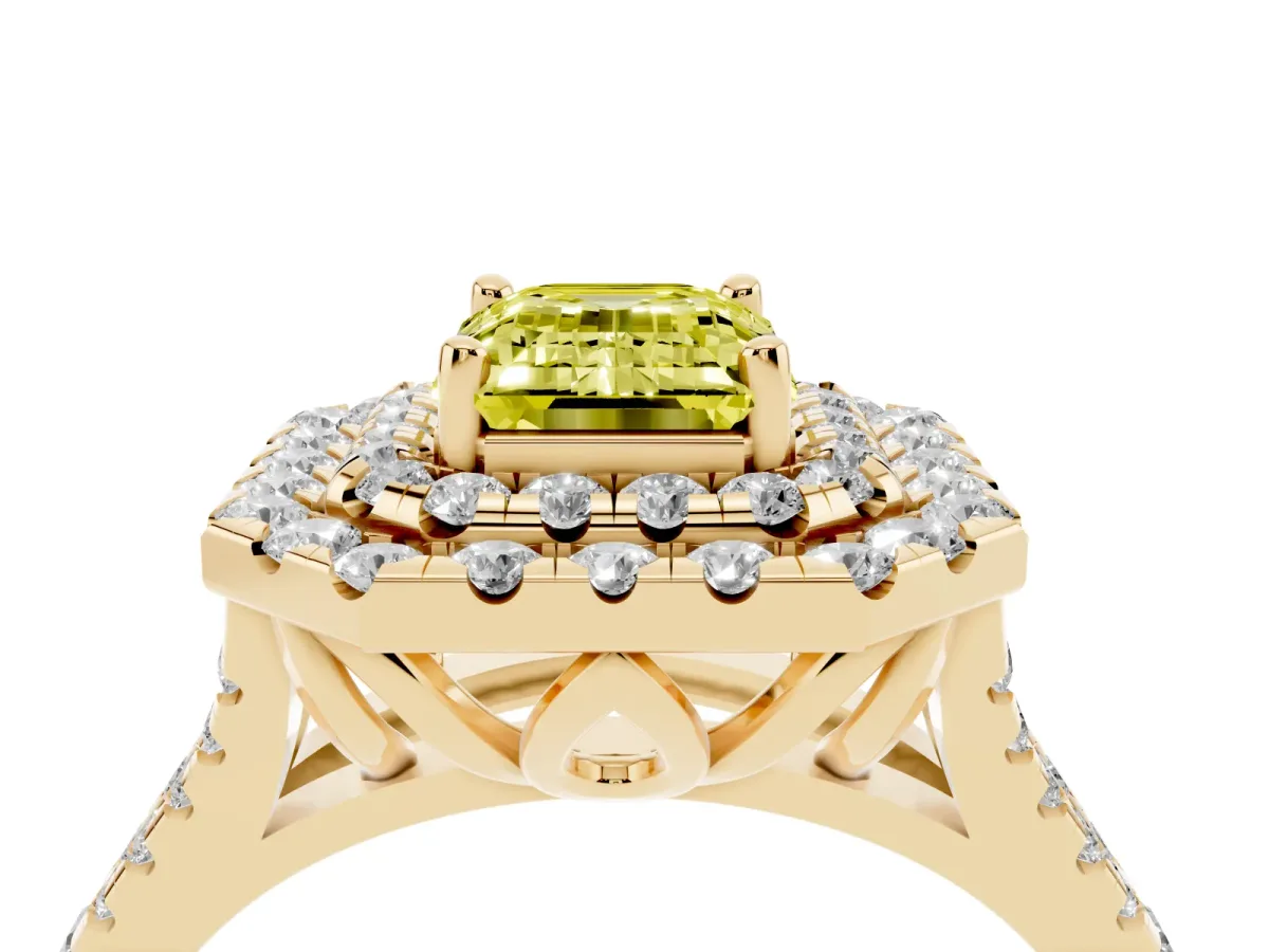 Fancy Yellow Double Halo Emerald Cut Diamond Pavé Split Shank Ring with Prong Setting Yellow gold