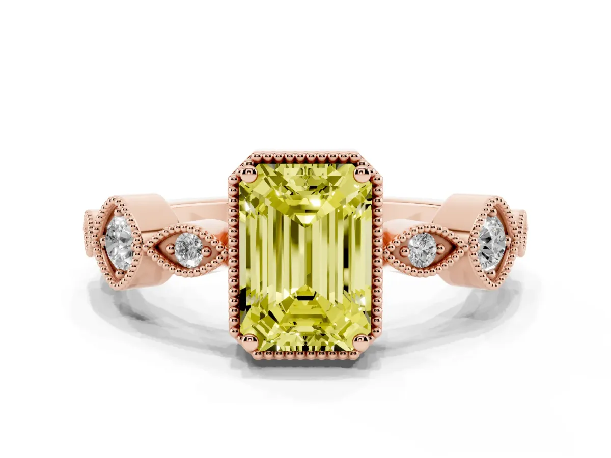 Fancy Yellow Emerald Cut Diamond Vintage Milgrain Ring with Round Stations Rose gold