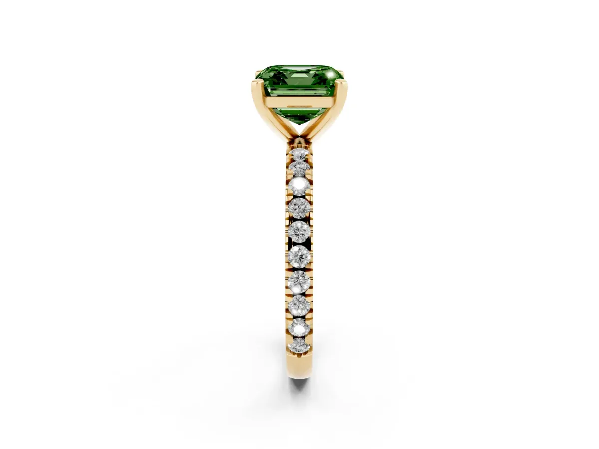 Fancy Green Asscher Cut Diamond Pavé Band Solitaire with Four-Prong Setting Yellow gold