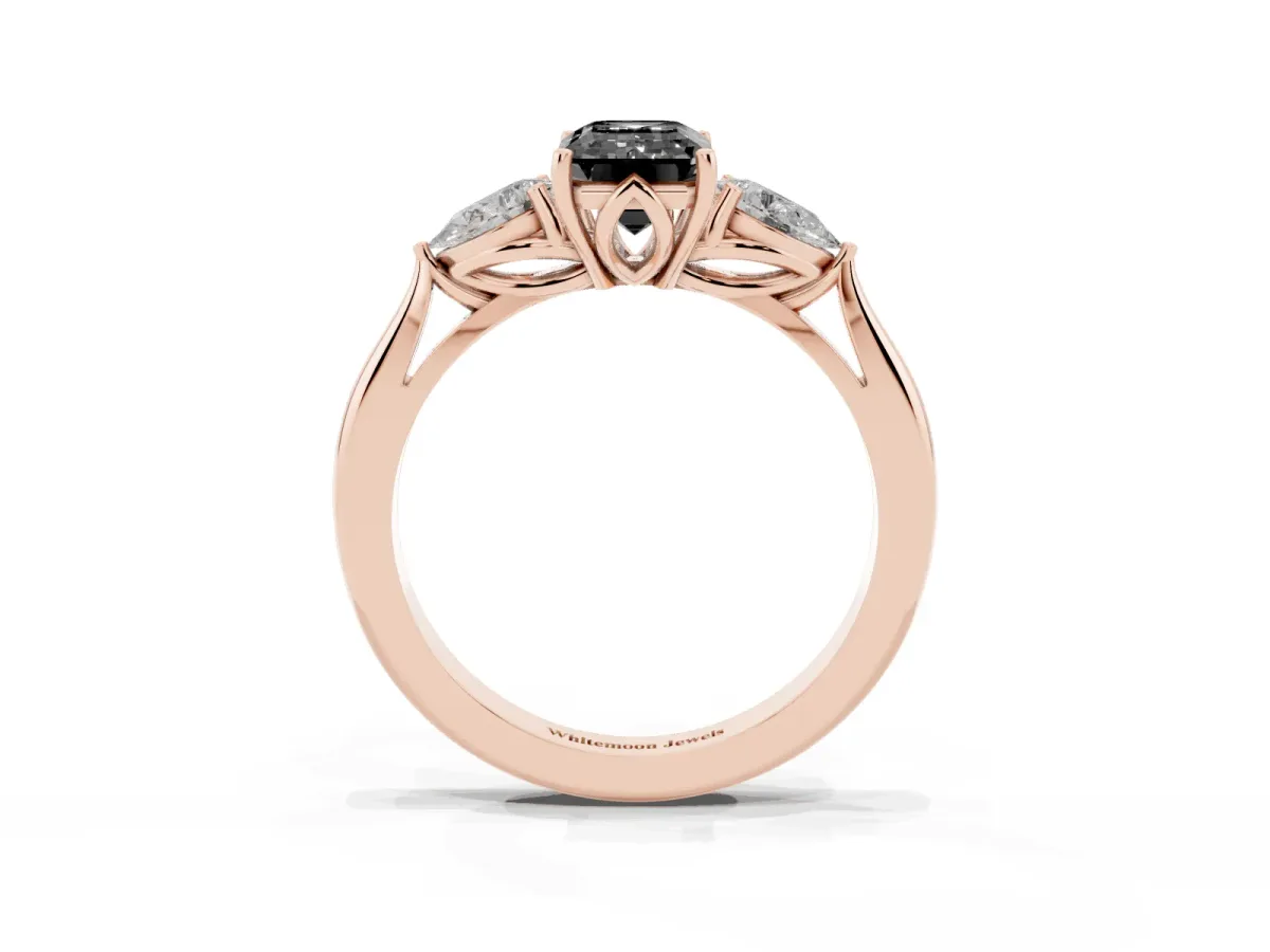 Fancy Black Three-Stone Emerald Cut Brilliant Diamond Solitaire Ring with Tapered Band and Four-Prong Setting Rose gold