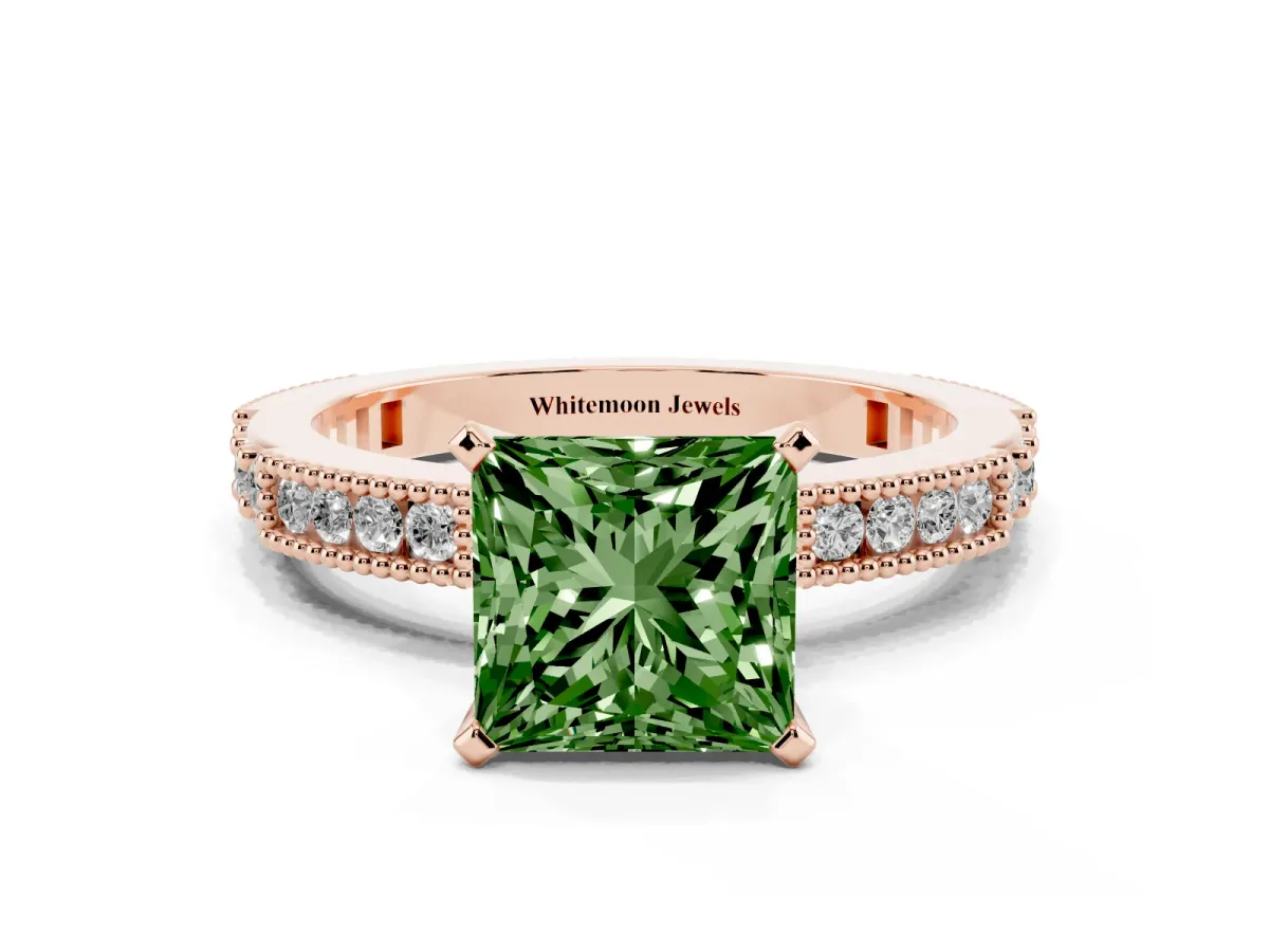 Fancy Green Princess Cut Solitaire with Pavé Band and Four-Prong Setting Rose gold