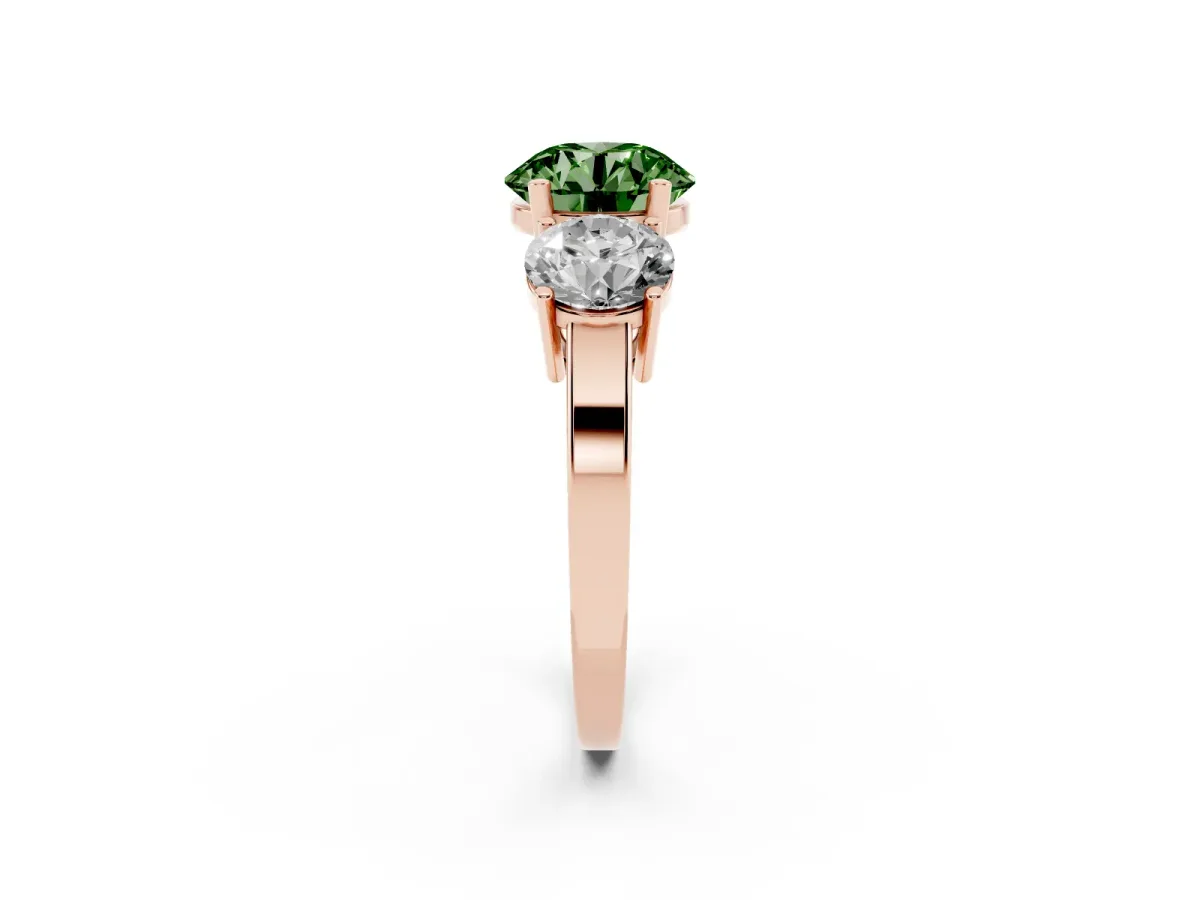 Fancy Green Three-Stone Round Cut Cut Diamond Engagement Ring with Flat Band and Four-Prong Setting Rose gold