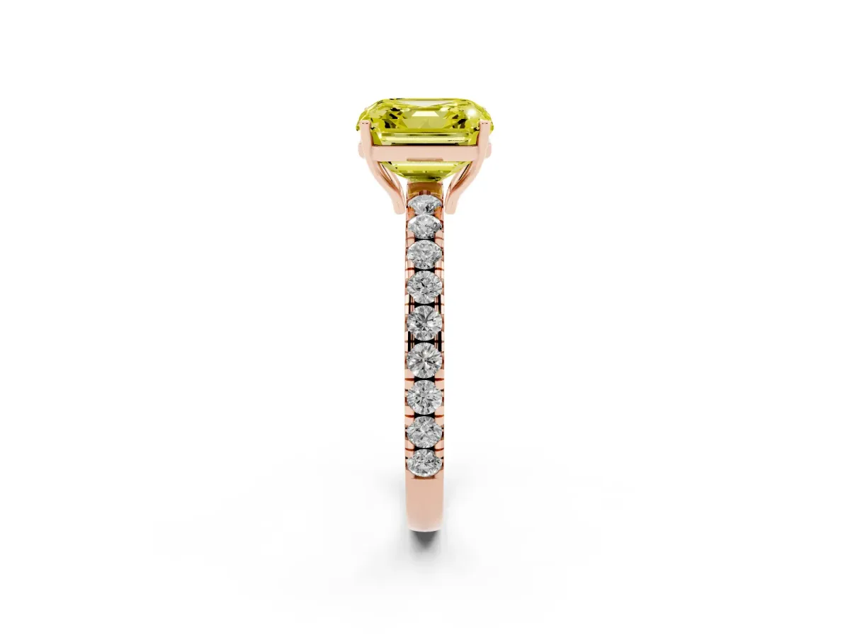 Fancy Yellow Asscher Cut Diamond Pavé Solitaire Engagement Ring with Four-Prong Setting Rose gold