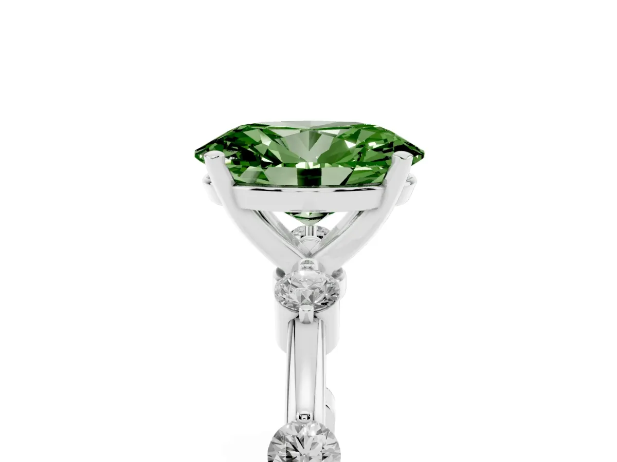 Fancy Green Oval Cut Solitaire Diamond Ring with Bezel Set Side Stones and Prong Setting Silver