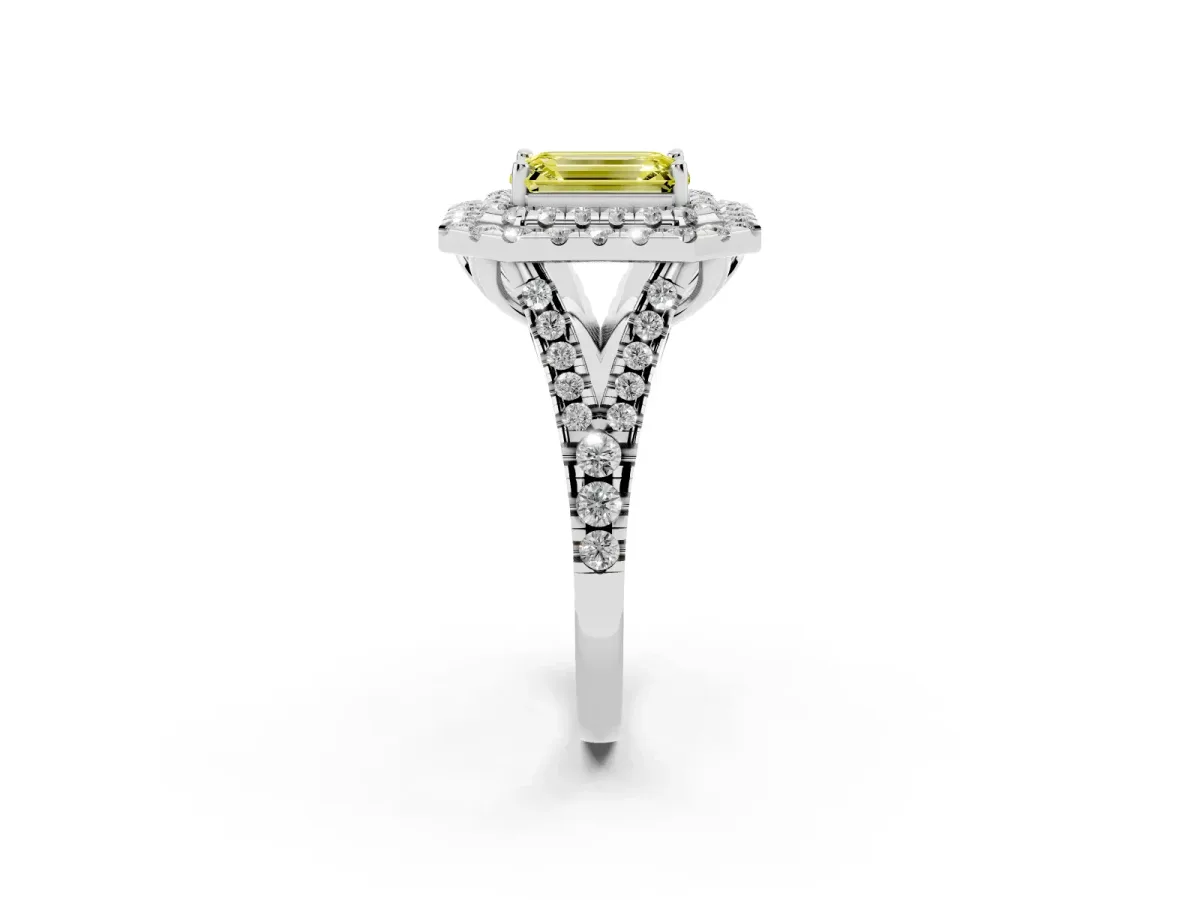 Fancy Yellow Double Halo Emerald Cut Diamond Pavé Split Shank Ring with Prong Setting White gold
