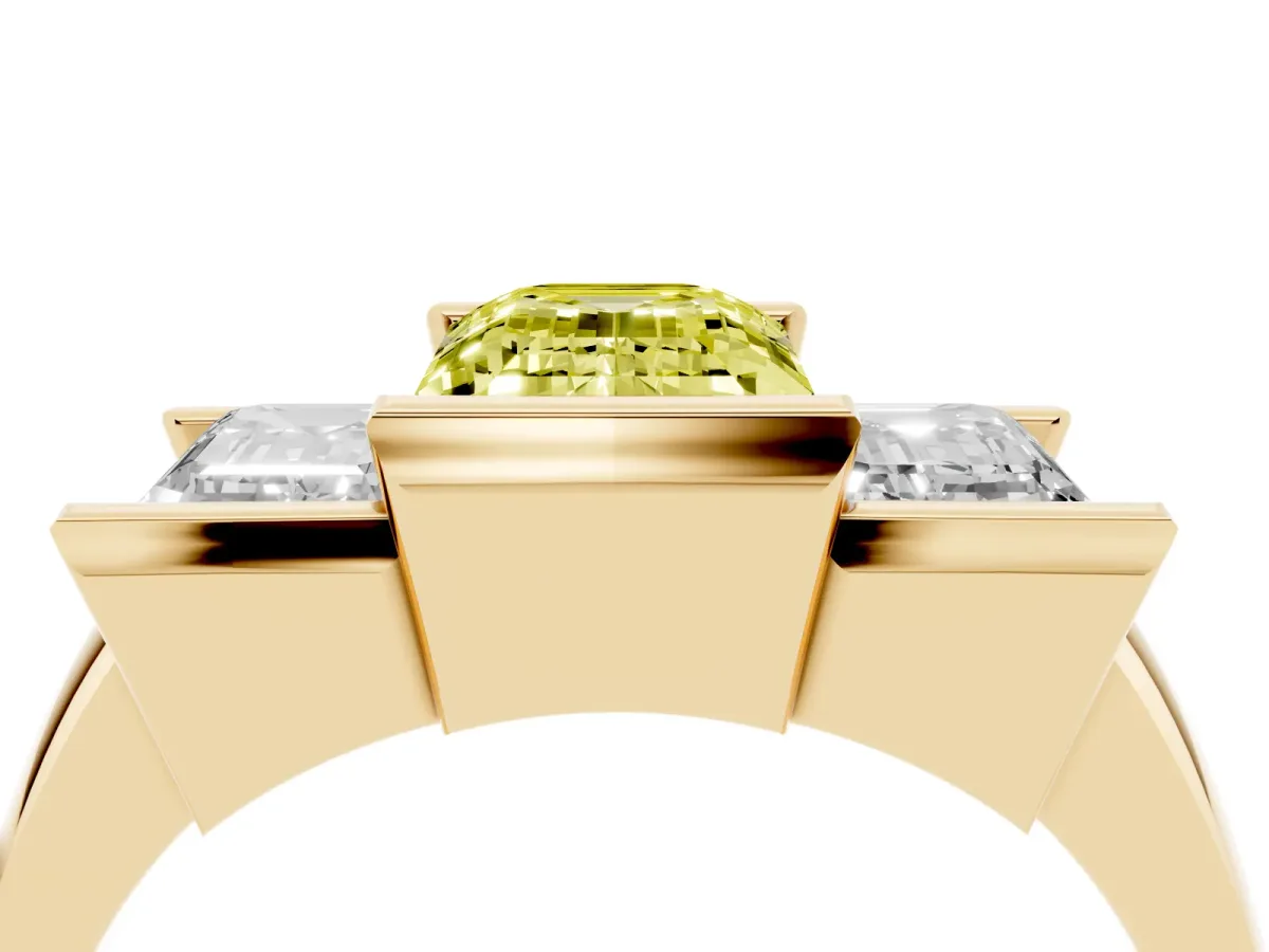 Fancy Yellow Three Stone Emerald Cut Cut Channel Set Diamond Ring Yellow gold