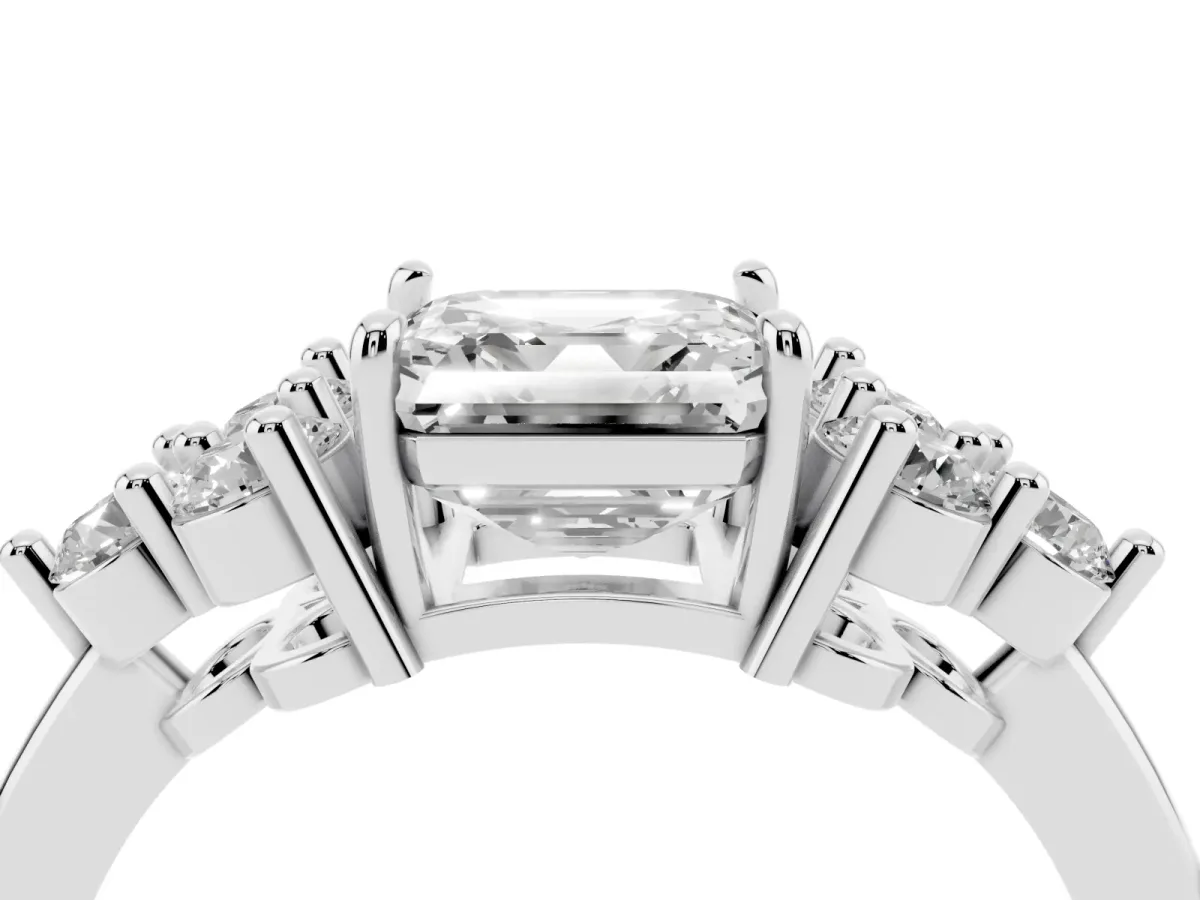 Asscher Cut Brilliant Diamond Cluster Accent Solitaire Ring with Prong Setting Platinum
