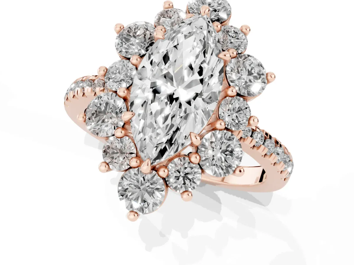 Marquise Cut Diamond Floral Halo Ring with Round Pavé Band and Prong Setting Rose gold