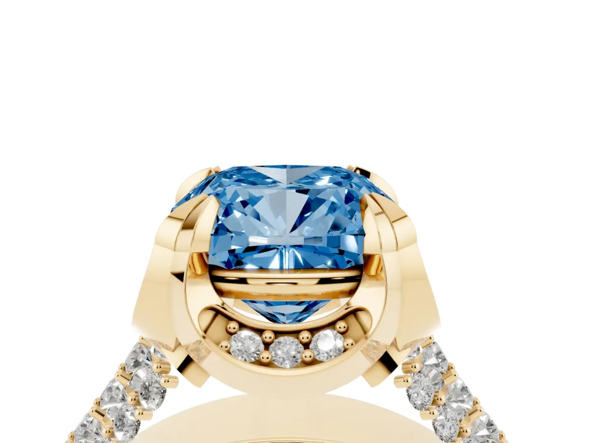 Fancy Blue Cushion Cut Solitaire Pave Split Shank Ring with Four-Prong Setting Yellow gold