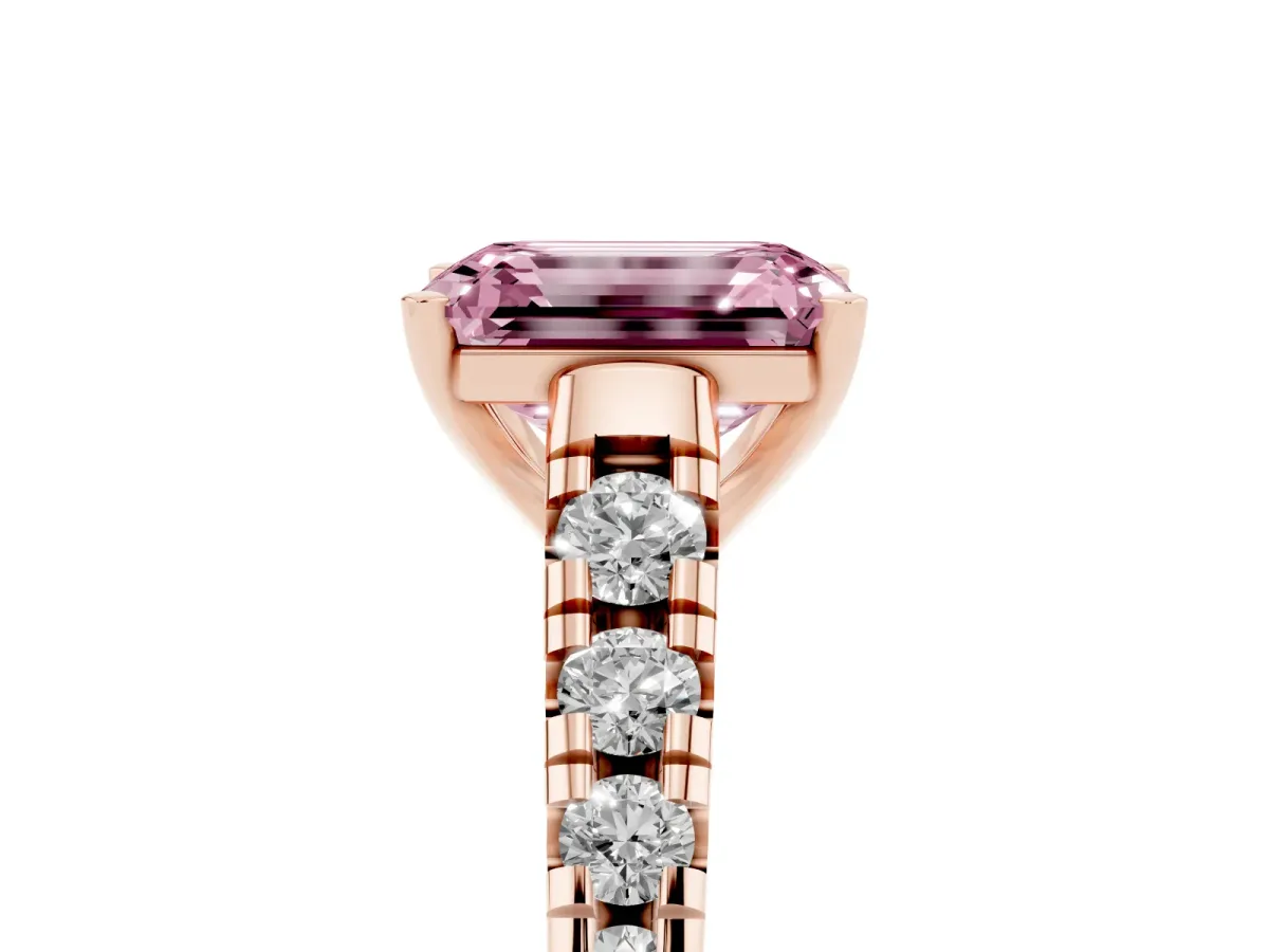 Fancy Pink Emerald Cut Diamond Cathedral Solitaire Ring with Round Pavé Band Rose gold