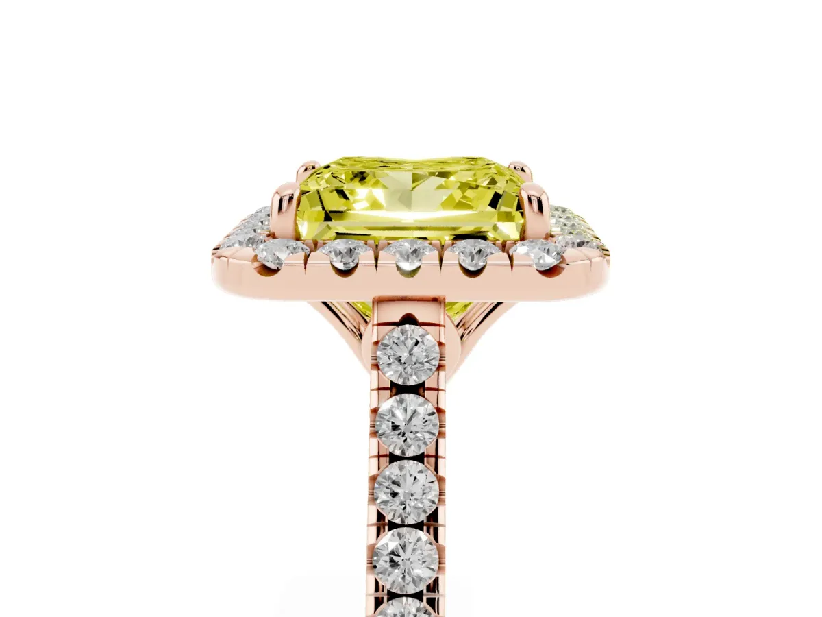 Fancy Yellow Princess Cut Halo Pavé Diamond Engagement Ring with Four-Prong Setting Rose gold