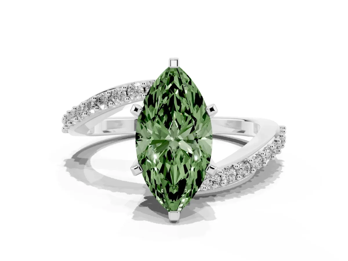 Fancy Green Marquise Cut Solitaire Twist Band with Pave Set Diamonds and Four-Prong Setting White gold