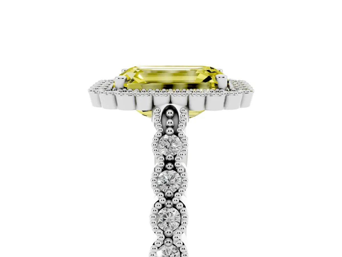 Fancy Yellow Emerald Cut Cut Halo Pavé Solitaire Ring with Milgrain Band Silver