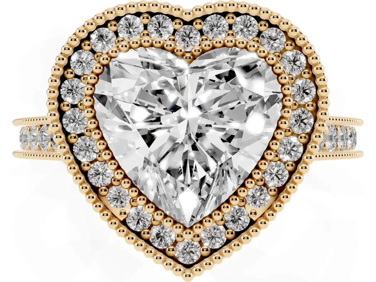 Halo Heart Cut-Cut Diamond Pave Band Milgrain Prong Setting Ring Yellow gold