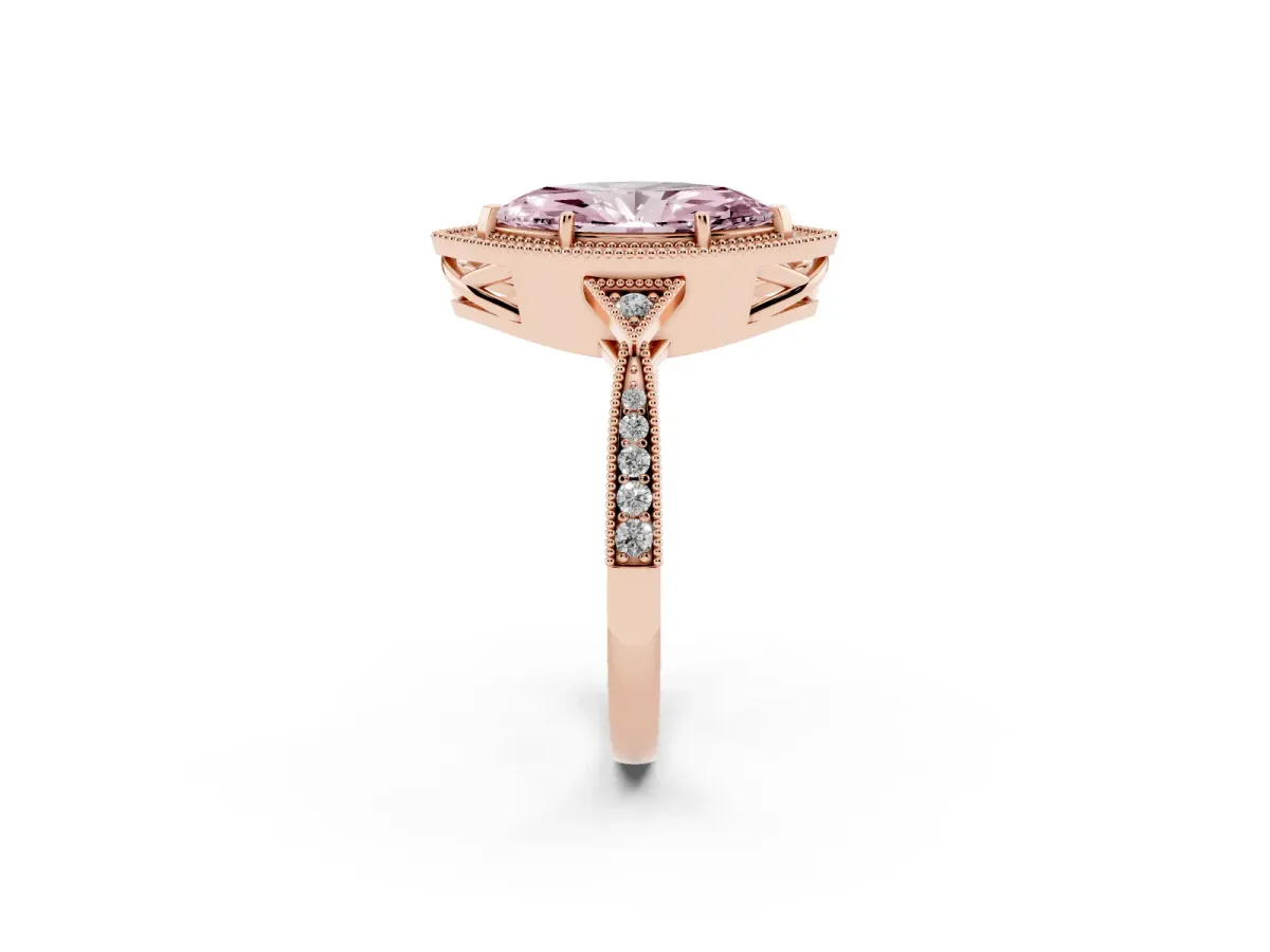 Fancy Pink Marquise Cut Halo Round Diamond Milgrain Pave Engagement Ring Rose gold