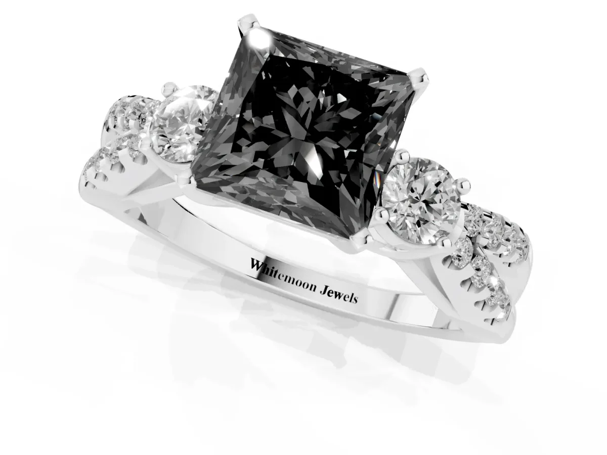 Fancy Black Princess Cut Diamond Three-Stone Ring with Pavé Split Shank and Four-Prong Setting Silver