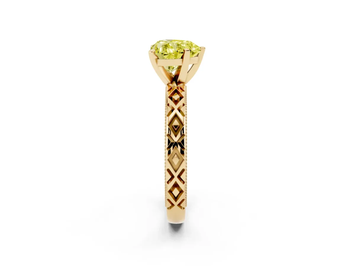 Fancy Yellow Heart Cut Solitaire Diamond Ring with Milgrain and Black Enamel X Pattern Band Yellow gold