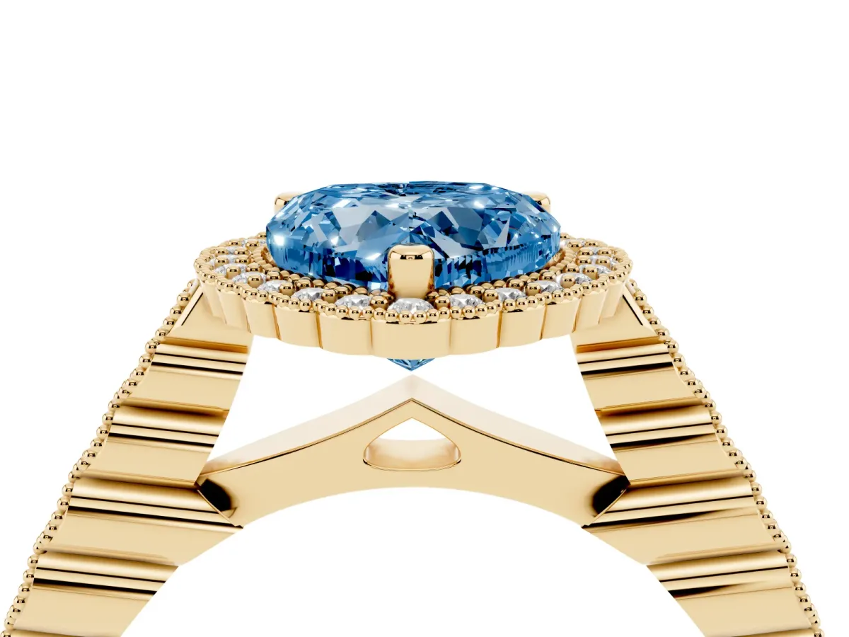 Fancy Blue Heart Cut Cut Halo Pavé Solitaire Ring with Milgrain Band Yellow gold