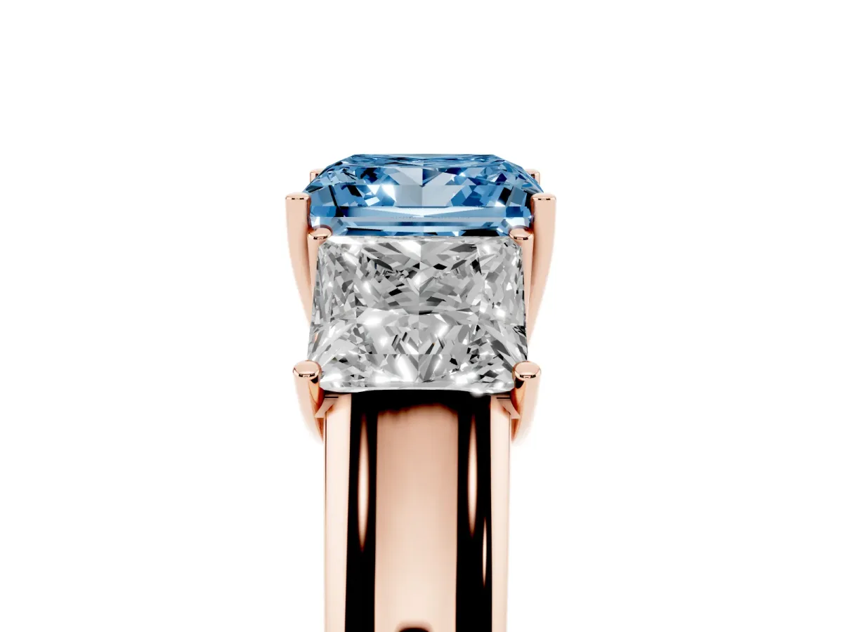 Fancy Blue Three-Stone Princess Cut Cut Diamond Ring with Prong Setting and Classic Band Rose gold