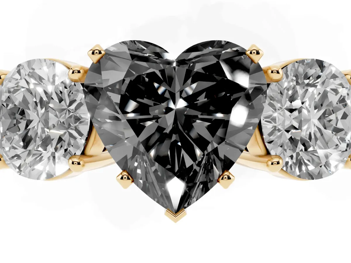 Fancy Black Three-Stone Heart Cut Diamond Ring with Round Side Stones, Classic Band, and Four-Prong Setting Yellow gold