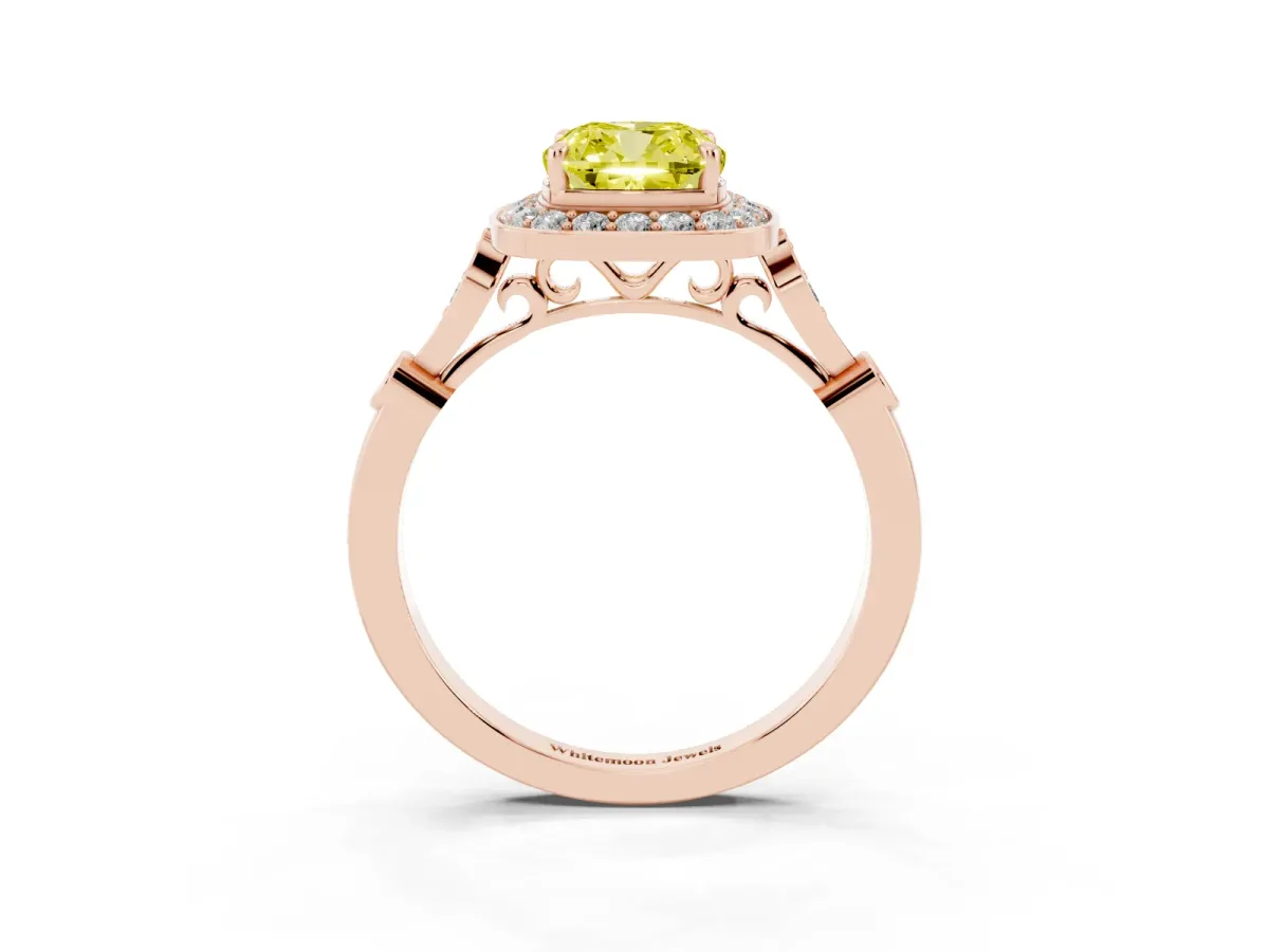 Fancy Yellow Cushion Cut Halo Diamond Engagement Ring with Twisted Band and Four-Prong Setting Rose gold
