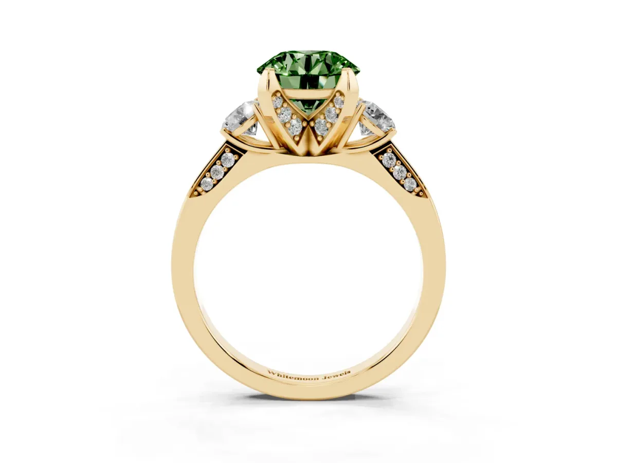 Fancy Green Round Cut Brilliant Three-Stone Diamond Ring with Pavé Band and Four-Prong Setting Yellow gold
