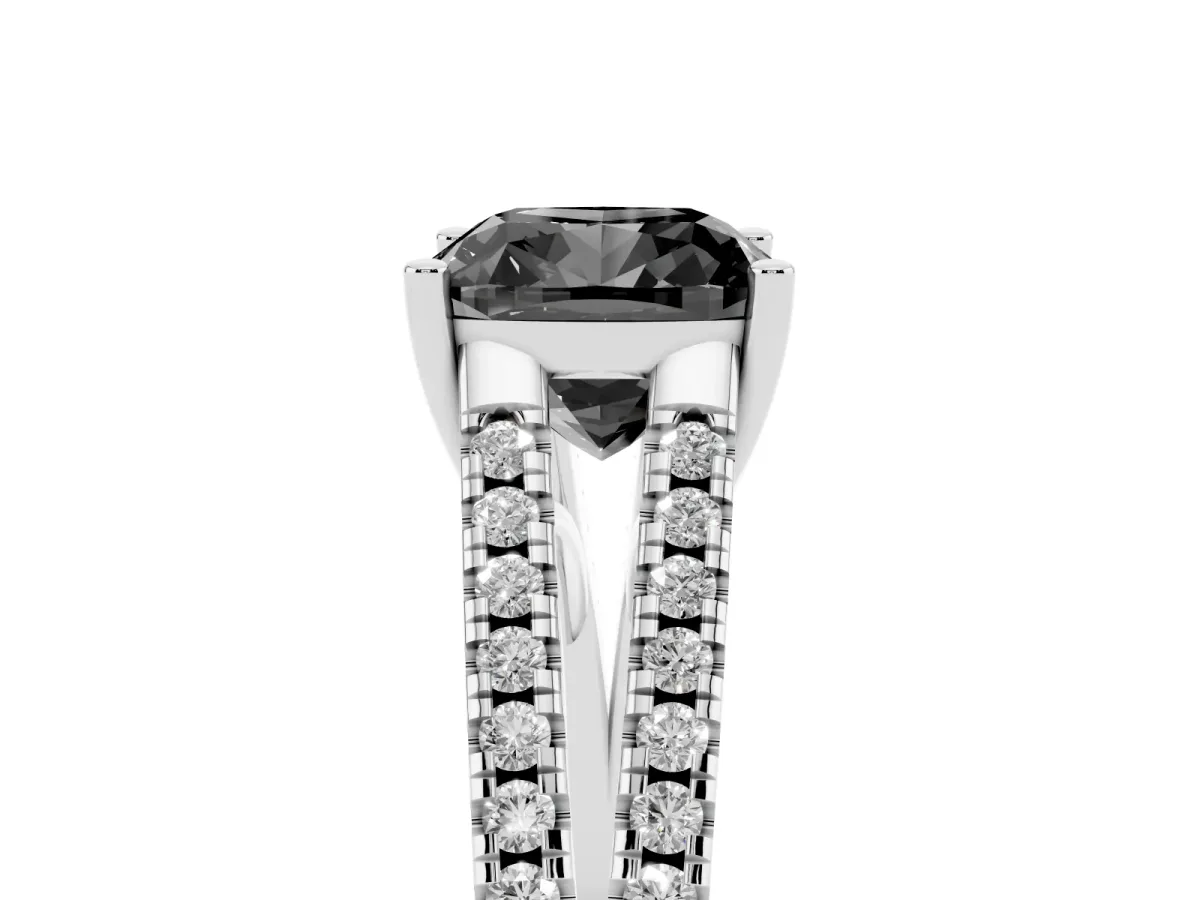 Fancy Black Cushion Cut Diamond Solitaire Engagement Ring with Split Shank Pavé Band Platinum