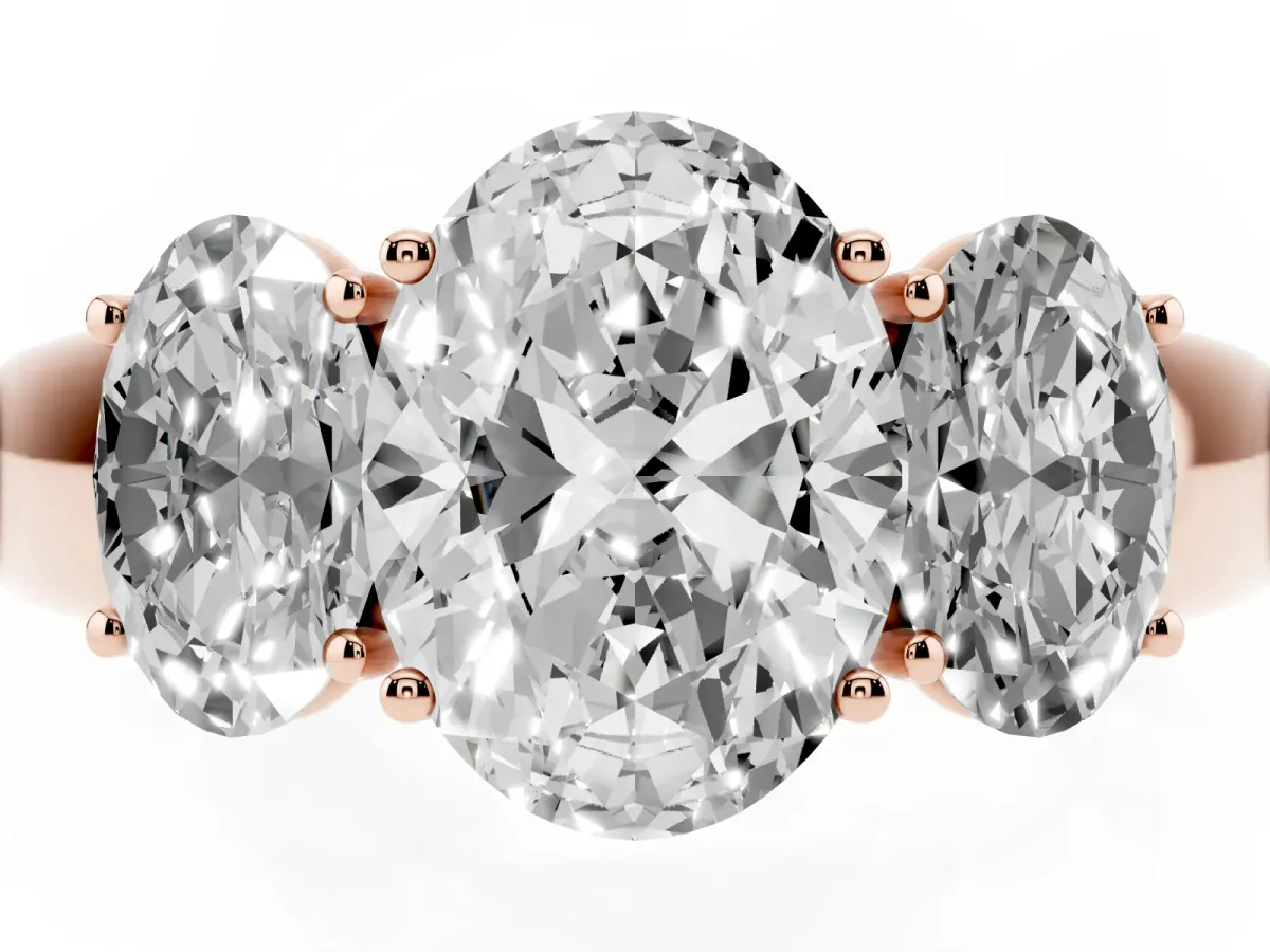 Three-Stone Oval Cut Cut Diamond Ring with Prong Setting and Classic Band Rose gold