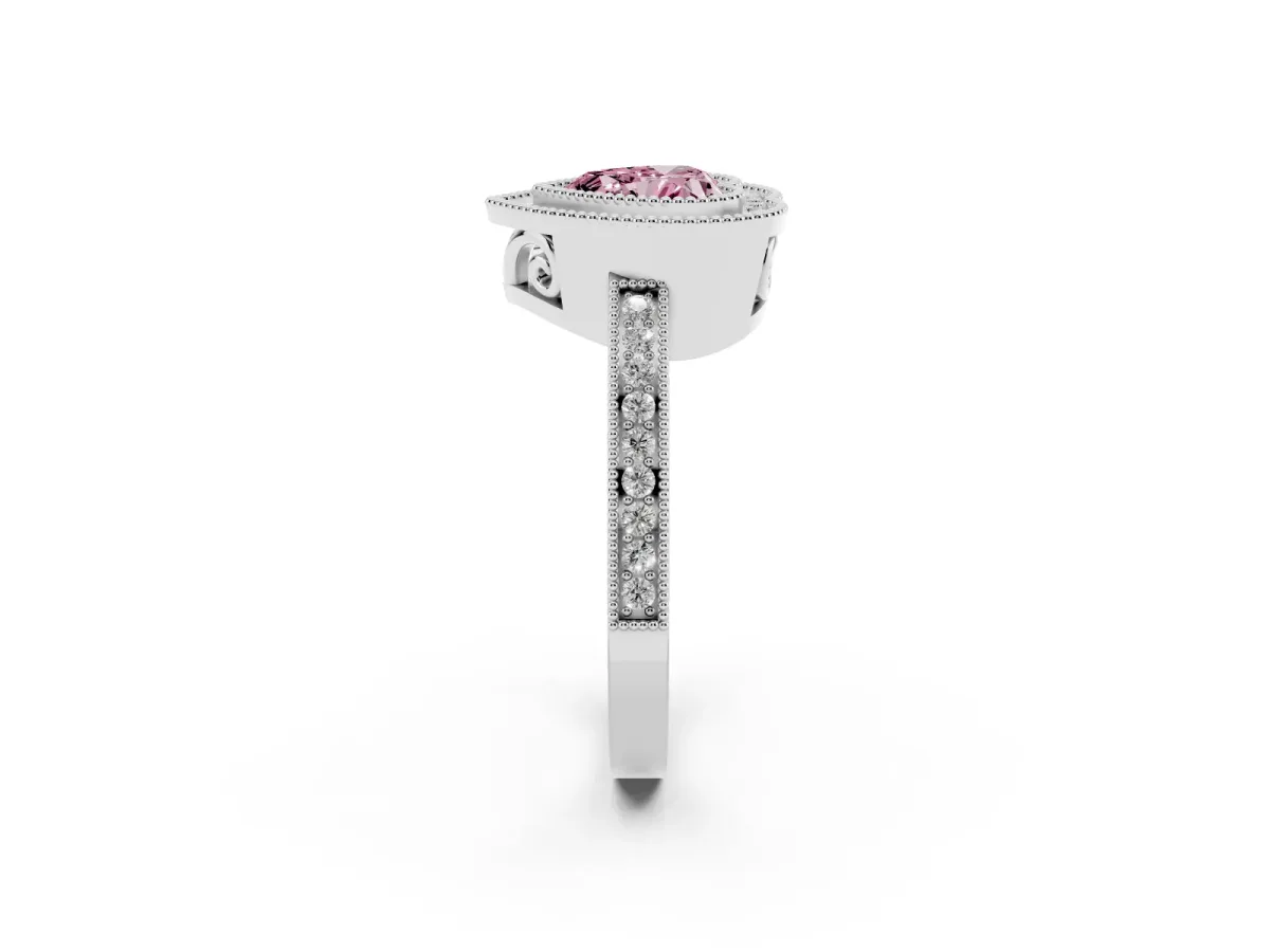 Fancy Pink Heart Cut Cut Halo Diamond Ring with Pavé Band and Milgrain Prong Setting Silver