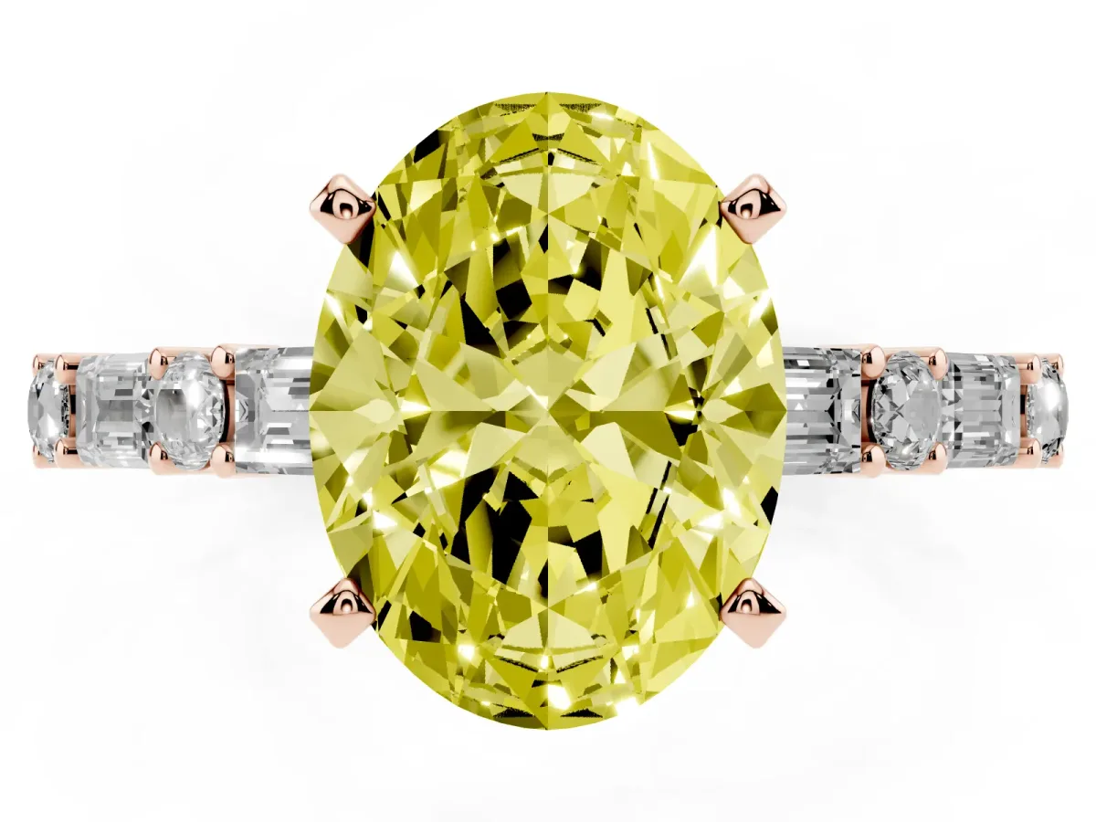 Fancy Yellow Oval Cut Diamond Solitaire with Side Baguettes and Channel Set Band Rose gold