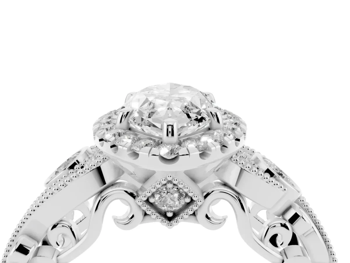 Marquise Cut Halo Diamond Ring with Milgrain and Bezel Accents on a Split Shank Band White gold