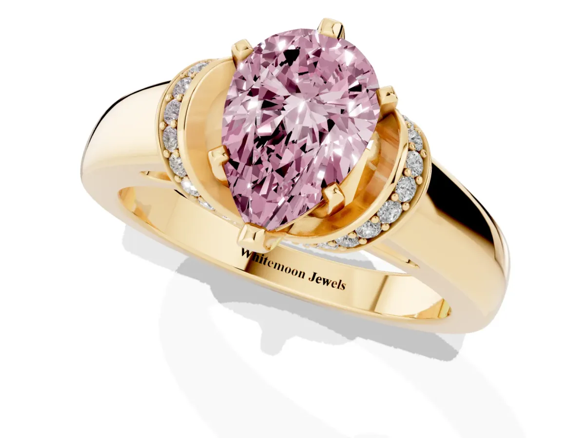 Fancy Pink Pear Cut Solitaire Diamond Ring with Pave Band and Six-Prong Setting Yellow gold
