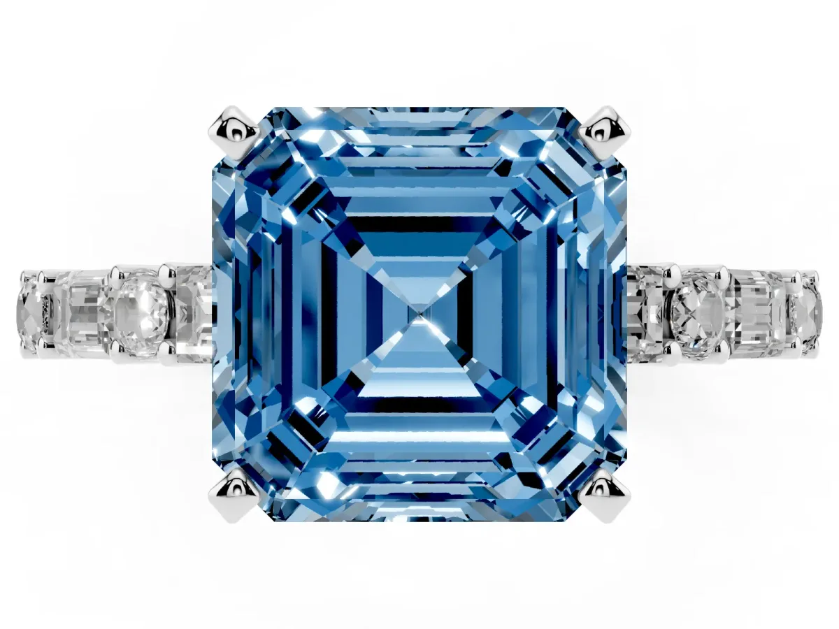 Fancy Blue Asscher Cut Diamond Solitaire with Side Baguettes and Channel Set Band Silver