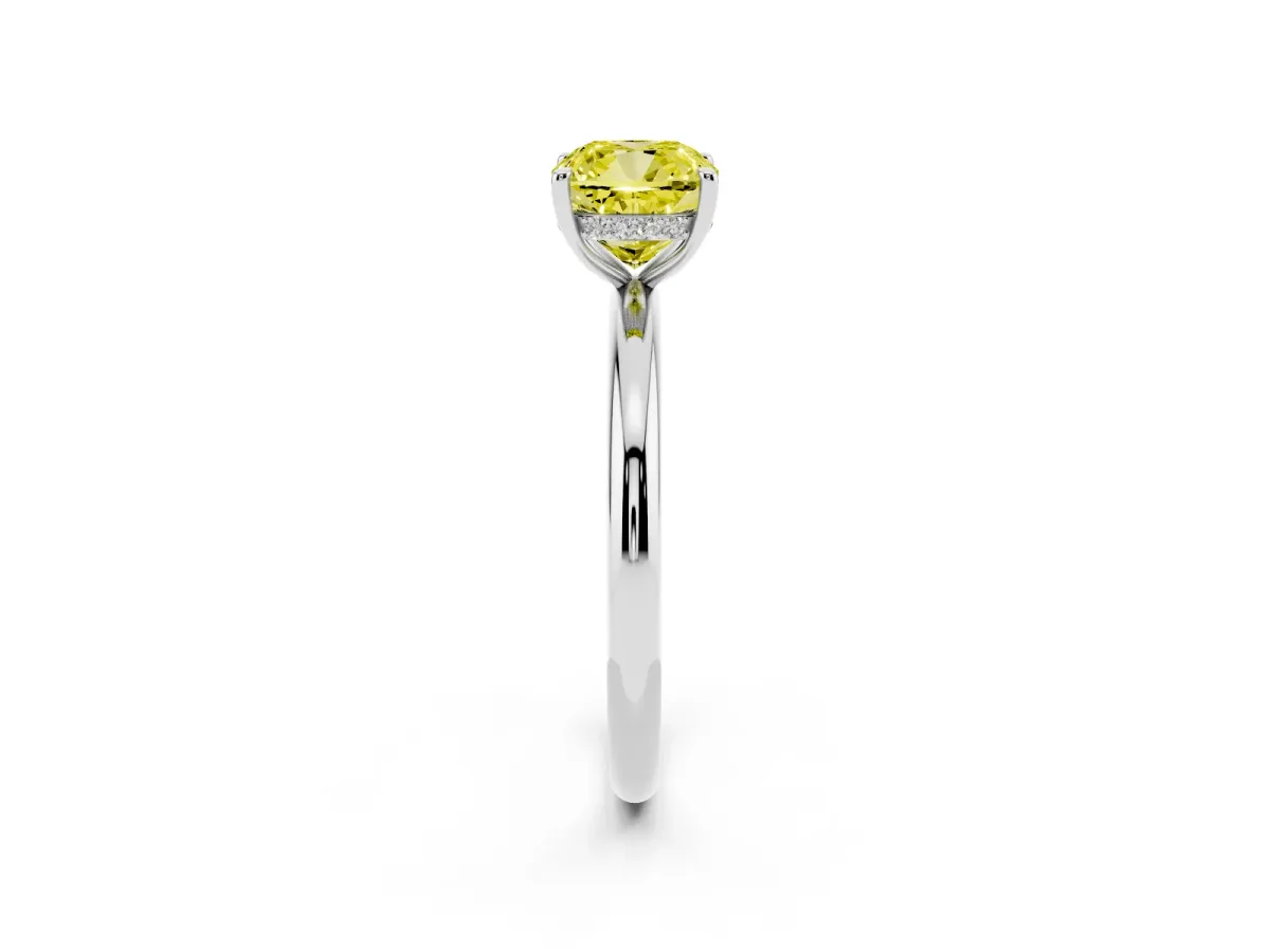 Fancy Yellow Cushion Cut Diamond Solitaire Ring with Thin Band and Four-Prong Setting Silver