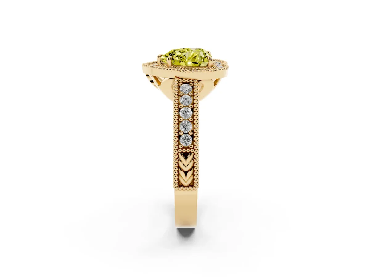 Fancy Yellow Heart Cut Cut Halo Diamond Ring with Pavé Band and Four-Prong Setting Yellow gold