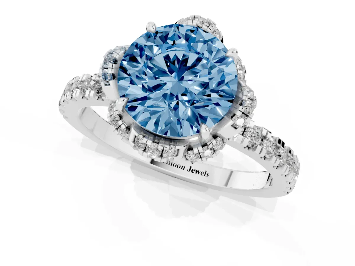 Fancy Blue Round Cut Halo Diamond Pave Band Ring with Four-Prong Setting Silver