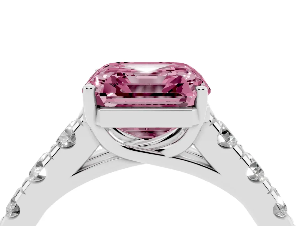 Fancy Pink Asscher Cut Cut Diamond Solitaire Ring with Micro Pave Band and Prong Setting Silver
