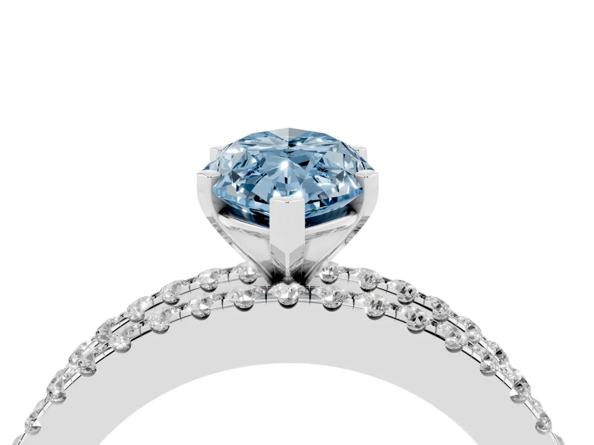 Fancy Blue Marquise Cut Diamond Solitaire Ring with Pavé and Channel Set Band Silver