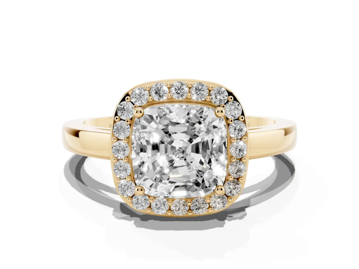 Cushion Cut Halo Diamond Ring with Solitaire Band and Prong Setting Yellow gold