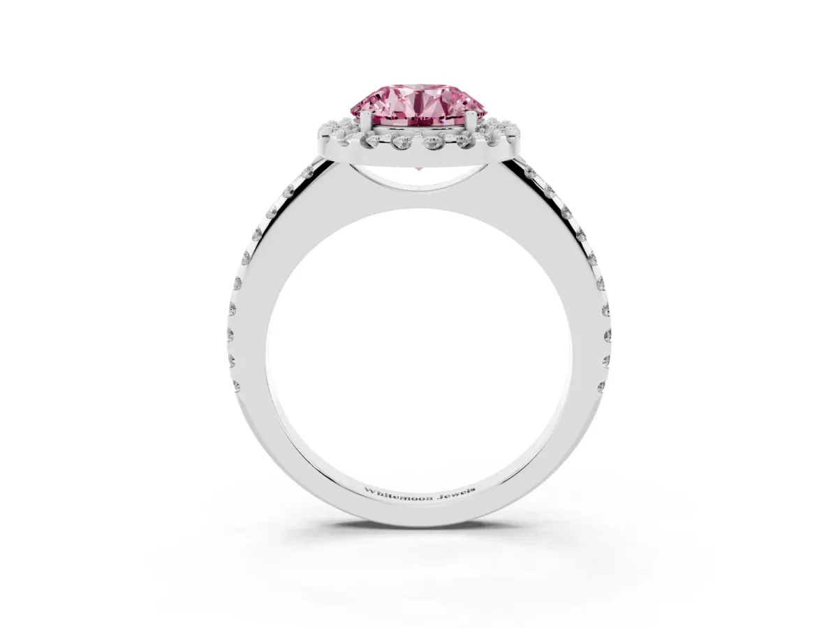 Fancy Pink Round Cut Diamond Pavé Halo Ring with Four-Prong Setting Silver