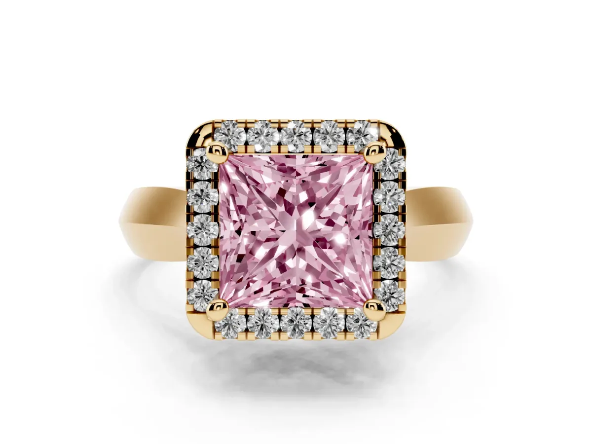 Fancy Pink Princess Cut Cut Halo Solitaire Engagement Ring with Square Band and Four-Prong Setting Yellow gold