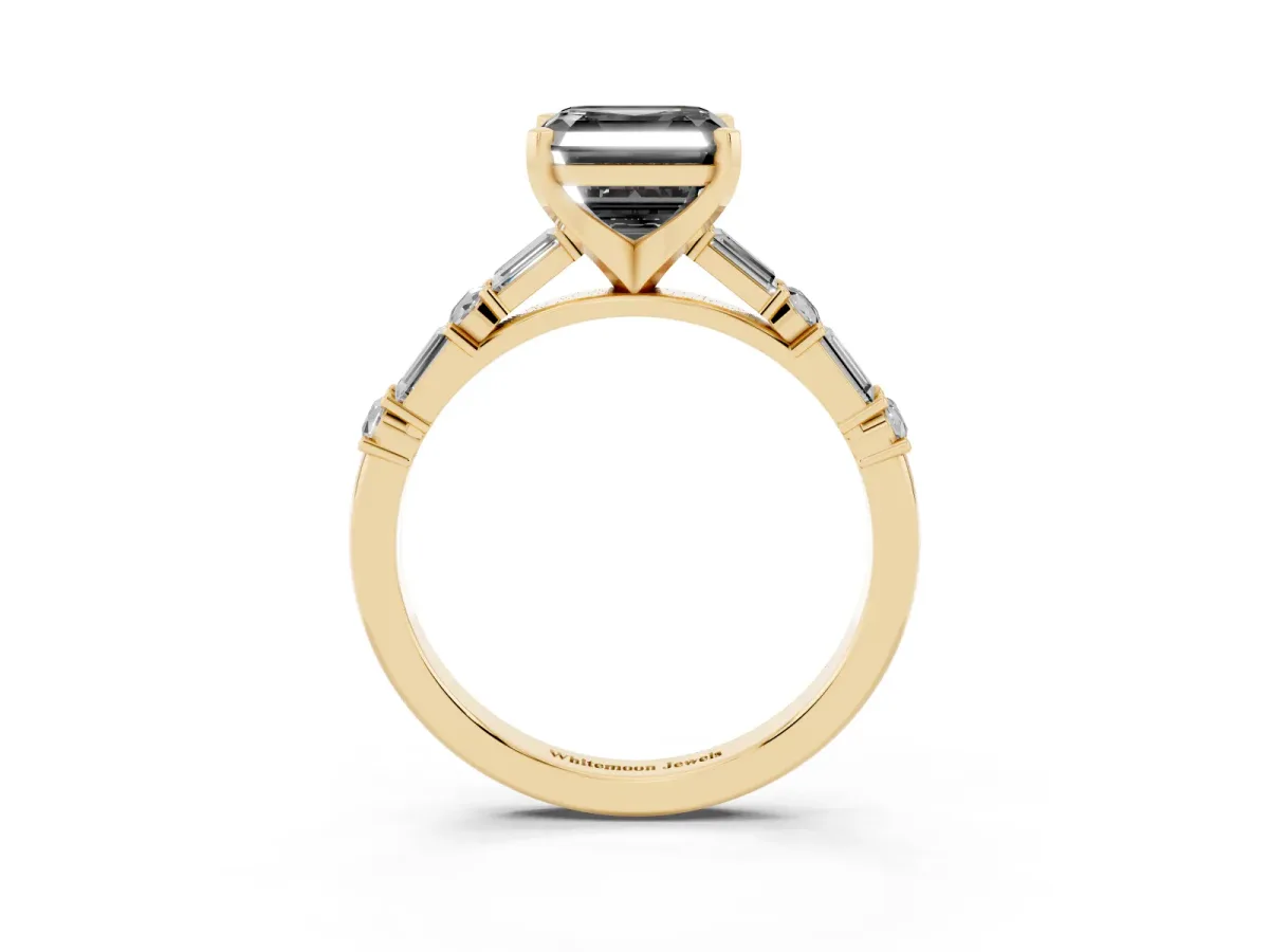 Fancy Black Asscher Cut Diamond Solitaire with Side Baguettes and Channel Set Band Yellow gold
