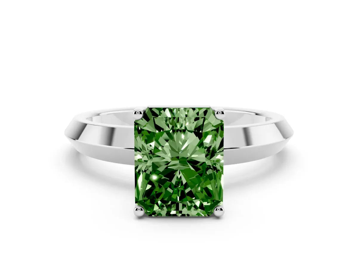 Fancy Green Radiant Cut Cut Solitaire Engagement Ring with Flat Band and Four-Prong Setting Silver