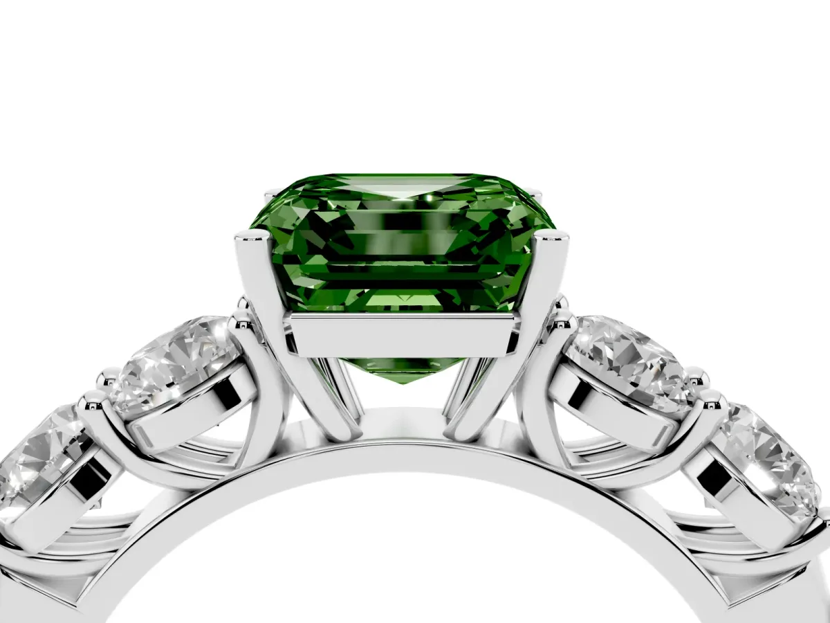 Fancy Green Asscher Cut Cut Five-Stone Prong Set Diamond Ring with Classic Band White gold