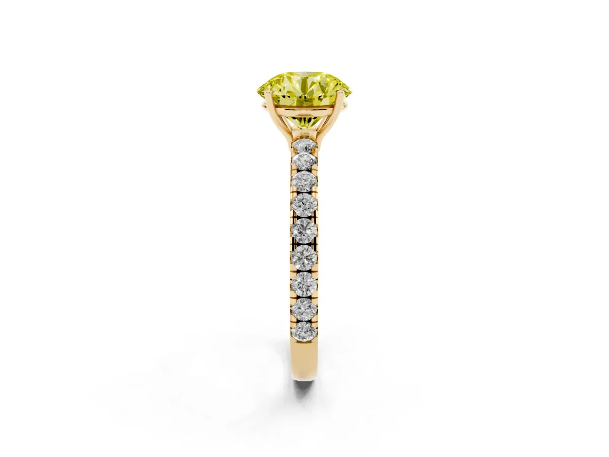 Fancy Yellow Round Cut Diamond Pavé Solitaire Engagement Ring with Four-Prong Setting Yellow gold